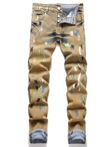 Retro gele heren skinny jeans slim-fit stretch verf inkjet denim broek lente herfst hiphop noodlijdende streetwear