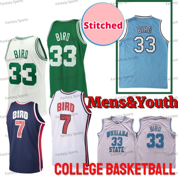 Retro Youth 33 Larry Bird Jersey Indiana State Sycamores Basketball 1992 Team USA 7 Bird Bleu Blanc Vert Throwback Basketball Maillots Cousu Enfants Hommes