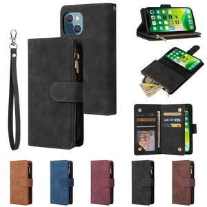 Portefeuille à fermeture éclair multifonctionnelle Pu Leather Kickstand Téléphone pour iPhone 15 Pro Max 14 13 12 11 Pro Max XR 8 Plus Samsung S22 S23 S24 Ultra A35 A55 A05S A05 A13 A14 A15 5G