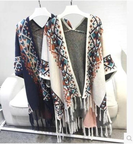 Retro New Fashion Women's Tricoted Geometric Aztec Print Nation Style Ethnique Bohemia Sweater Cardigan Cape Coat Loose Batwing Tassel Tops