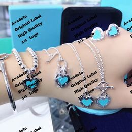 Return T blauw hart Ketting Designer Sieraden Set Hanger Kettingen Armband Ring Oorbel Goud Zilver Vintage exquise love tags Ketting Link Chain Womens Gifts