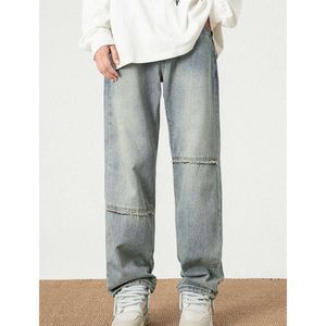 Retour aux anciens jeans américains de la rue américaine, marque à la mode masculine, lavée en détresse, ajustement en vrac droit de pantalon décontracté et polyvalent