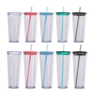 Herbruikbaar 16oz 24oz plastic tumbler dubbele wand geïsoleerd transparante acryl cup mokken klassieke reizen drinksap drankjes sippy cups met deksels en rietjes 5 kleur