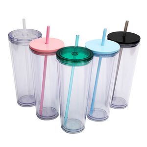 Herbruikbaar 16oz 24oz plastic tumbler dubbele wand geïsoleerd transparante acryl cup mokken grote klassieke reizen drinksap drankjes sippy cups met deksels en rietjes