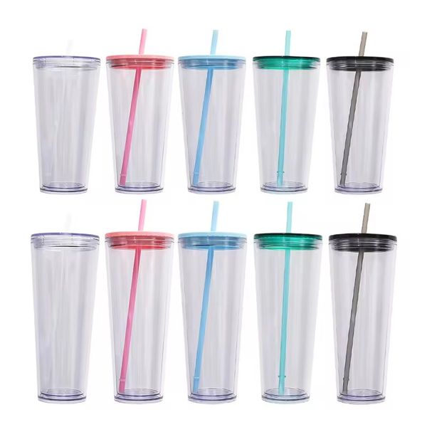 Réutilisable 16oz 24oz tumbler doubles mur à double paroi isolée transparente tasse acrylique tasses de voyage classiques de bois de boisson boisson boisson gobele gobele avec les couvercles et les pailles 5 couleurs