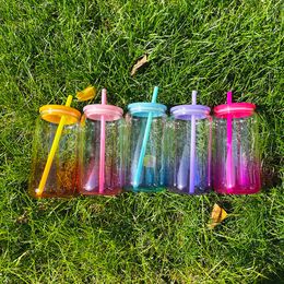 Jelly de color ombre de 16oz reutilizable puede sublimación en blanco BPA Vidrio de borosilicato alto sin borosilicato con tapas de plástico coloridas para envolturas UV DTF