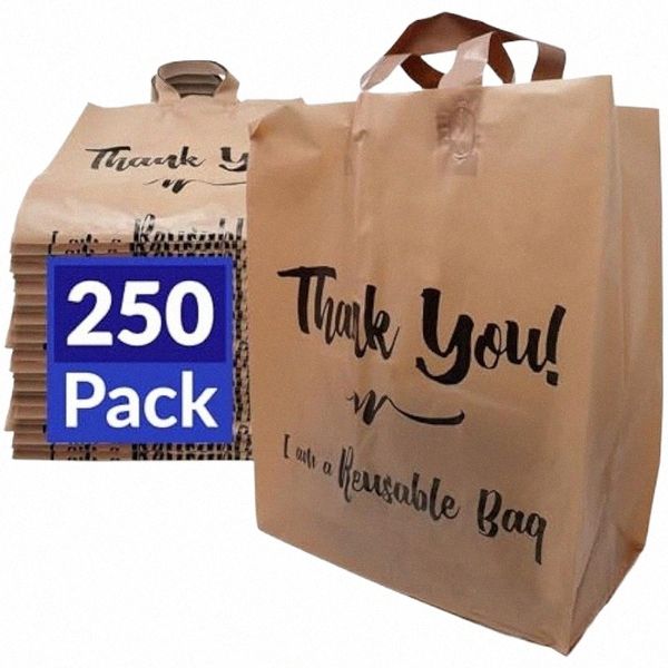 Sacs réutilisables |250 sacs en vrac |Sacs d'atelier marron/kraft 2 mil avec poignées |Plastique à emporter/ToGo pour l'alimentation, l'épicerie et la vente au détail 02CE#
