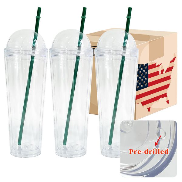 Couvercle en forme de dôme pour tasse froide transparente réutilisable de 24 oz à double paroi en plastique transparent acrylique pré-percé Gobelets à boisson avec couvercles et pailles adaptés au vinyle