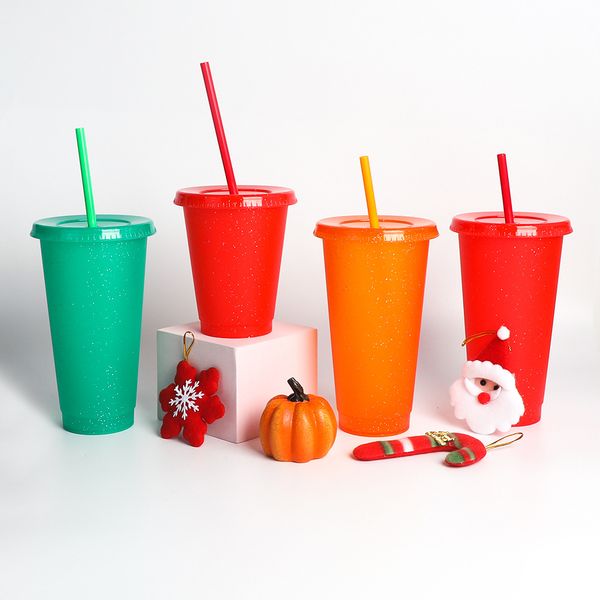 Réutilisable Coffee Cup avec de la paille en plastique Tumbler froide tasse Bouteille d'eau change de couleur fête de Noël Drinkware gros