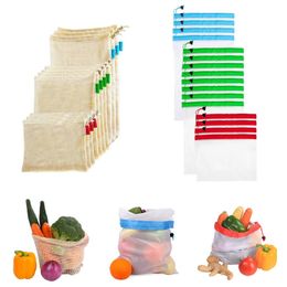 Sacs d'épicerie réutilisables en maille de coton Sacs de fruits et légumes en polyester respectueux de l'environnement Sacs à main Sac de rangement pour la maison de la plus haute qualité