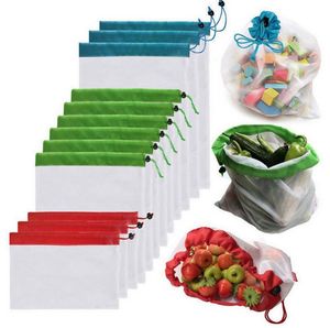 Bolsa de comestibles de malla con cordón reutilizable Bolsa de compras ecológica para frutas y verduras Bolsas de malla para almacenamiento de viaje en casa HHA1071