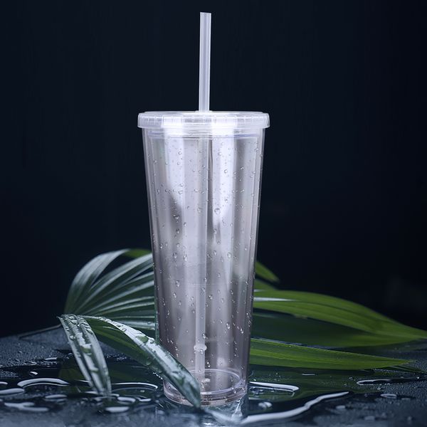 Taza de pajita reutilizable con tapa, vaso de plástico de doble capa, tazas transparentes de té, fruta, café, botella para deporte al aire libre DIY