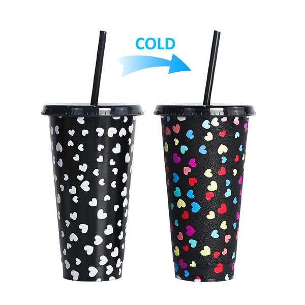 Vaso reutilizable con forma de corazón, divertidos vasos fríos que cambian de color, vaso con estampado de corazón, vaso de plástico con pajita y tapa, vaso de plástico de 24 onzas, regalo de fiesta Colle 7 colores