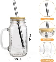 Tasse en verre réutilisable Mason Jar, avec couvercles en bambou et pailles en acier inoxydable, poignée de bouteille de fruits de 24 OZ, ZZ