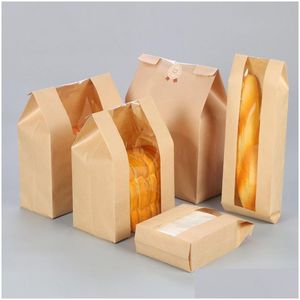 Sacs d'épicerie réutilisables personnalisés sac de nourriture à emporter boutique de mode sacs en papier kraft brun toast fenêtre ouverte livraison directe maison jardin Ho Dh8JP