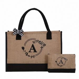 Jute réutilisable de grande capacité lettres imprimées ensembles dames tote bag shop party fête diy bag shop 28J5 #