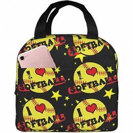 Bolsa de asas de almuerzo reutilizable Girls Love Softball Bolsa de almuerzo con aislamiento Durable Cooler Lunch Box F4Xg #