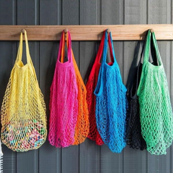 Sac d'épicerie réutilisable 14 couleurs grande taille Shopper fourre-tout maille filet tissé sacs en coton sacs à provisions portables sac de rangement à domicile EEA1198