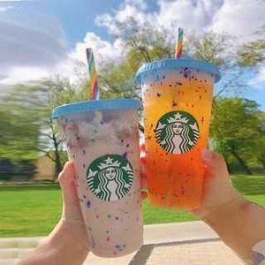 Herbruikbare Starbucks Tumbler Color Changing Confetti Cold Cup Rainbow Straw met Deksel Plastic Cup FL OZ