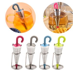 Infuseur à thé parapluie réutilisable avec bac d'égouttage pour tasses à thé, tasses et théières, passoire à thé en maille fine en acier inoxydable avec couvercle en silicone pour thé en vrac