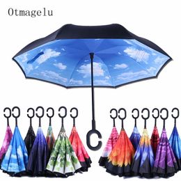 Omgekeerde vouwen UV-bescherming paraplu kid volwassen dubbellaags omgekeerde bloem parasol winddichte regenwagen parasols voor vrouwen mannen 210320