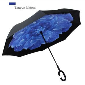 Impression parapluie de la poignée inversée Fimbria Renvers le vent Inverse Suncreen Protection Umbrellas Pliant Double couche inversée Rains Rains Gear Sea Shipp WMQ974