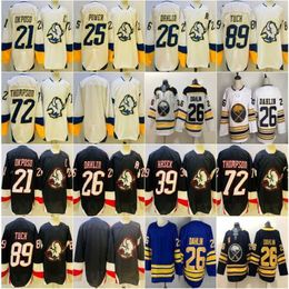 Reverse rétro 2 0 Jerseys de hockey 26 Rasmus Dahlin 21 Kyle Okposo 72 Tage Thompson 89 Alex Tuch 25 Owen Power 39 Dominik Hasek Black Centred Shirts 50th Gold Mens 327C