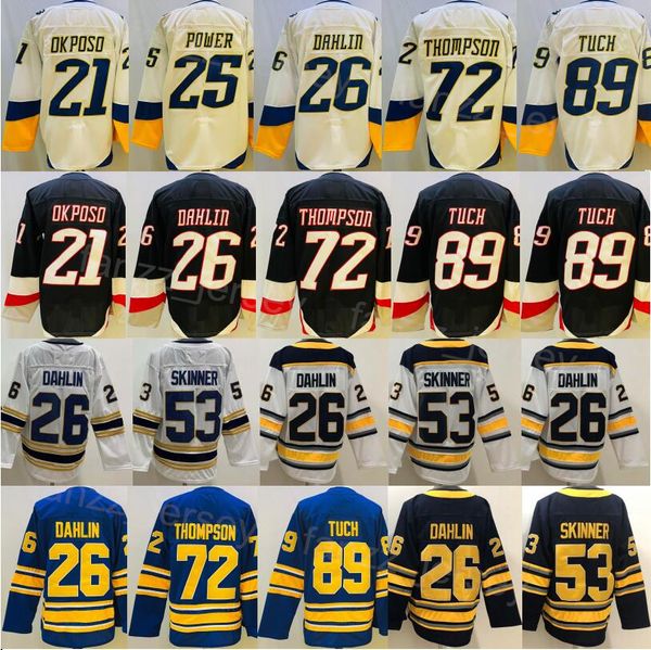 Hockey rétro inversé 25 Owen Power Jersey Man 72 Tage Thompson 89 Alex Tuch 26 Rasmus Dahlin 53 Jeff Skinner 21 Kyle Okposo Winter Classic 50e anniversaire