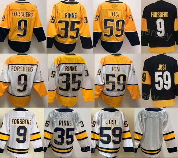 Hockey rétro inversé 35 Jersey Pekka Rinne Vintage 9 Filip Forsberg 59 Roman Josi tous cousus pour les ventilateurs de sport Classic Stadium Series Navy Blue Yellow Blanc