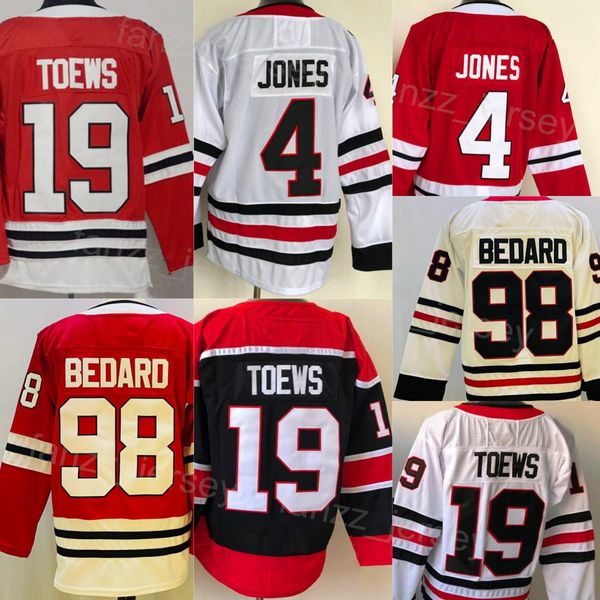 Hockey rétro inversé 98 Connor Bedard Jersey 4 Seth Jones 19 Jonathan Toews Team Color Black Blanc Rouge pour les fans de sport Broderie respirante et cousu bien