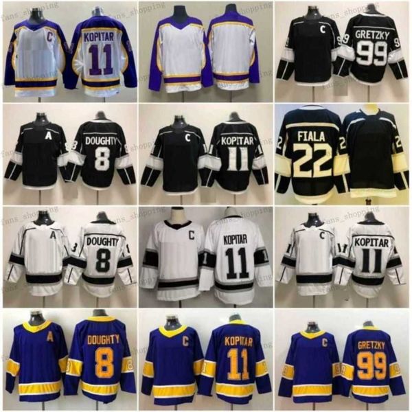 Retro retro hockey sobre hielo 11 Anze Kopitar Jersey 8 Drew Doughty 22 Kevin Fiala 32 Jonathan Quick 99 Wayne Gretzky Blanco Blanco Negro Púrpura Estadio Serie Hombre cosido