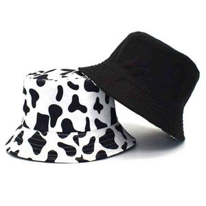 Réversible Seau Chapeaux Pour Femmes Hommes Noir Blanc Vache Motif Rouge Blanc Rouge Grille Banane Imprimé Pêcheur Casquettes De Mode Chapeau G220311