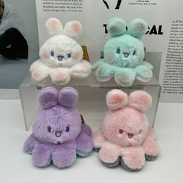 Omkeerbare konijnskat hanger Keychain Cartoon pluche speelgoed inversion konijn kitten sleutelhanger schattige dubbele gezicht expressie pop