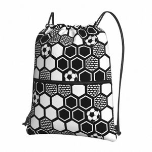 Recordable Print Football Ball Pattern Soccer Drawstring Backpack with Zipper Pocket Sports Gym Sackpack Sac à cordes pour la randonnée U0U7 #