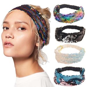 Bandeaux à paillettes réversibles pour femmes à la main arc-en-ciel Turban filles élastiques larges bandes de cheveux accessoires de cheveux de sirène 10 styles DBC VT0801