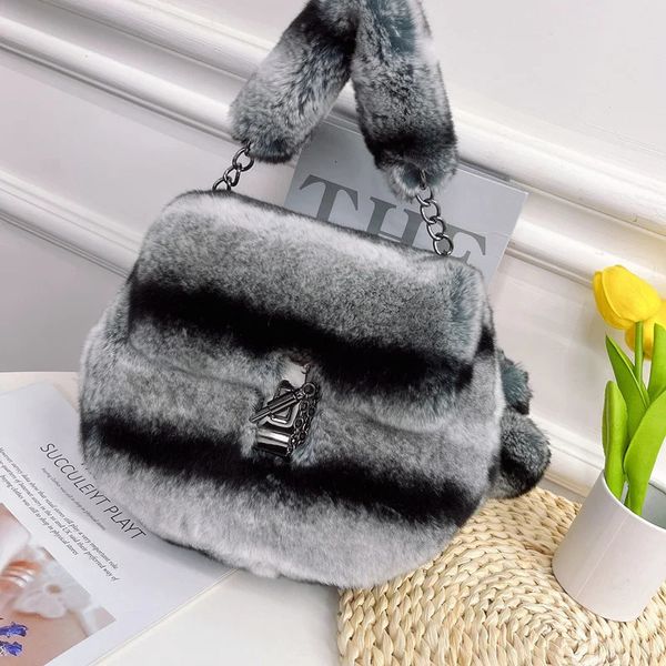 Rex fourrure de lapin Dragon chat sac de fourrure petit sac avec chaîne pour les femmes hiver réel fourrure de lapin pochette dame doux fourrure sacs à main 240104