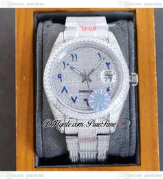 RF 40 126334 ETA A2824 Reloj automático para hombre Esfera de diamantes pavimentada Escritura árabe azul Diamantes completamente helados 904L Pulsera de acero Oyster Relojes de joyería Puretime F02d4