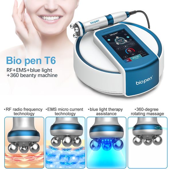 Uso en el hogar EMS RF 360 Masajeador de rodillo giratorio Micro corriente Terapia de luz azul Estiramiento de la piel Eliminación de arrugas Estiramiento facial Biopen T6 Dispositivos de belleza