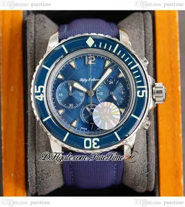 RF Fifty Fathoms 5085 Montre à quartz chronographe pour homme Boîtier en acier Cadran texturé bleu Bracelet en nylon Chronomètre Puretime A1
