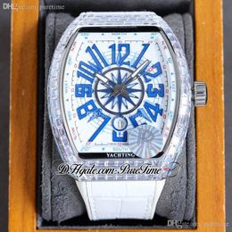 RF Vanguard V45 SC DT Diamonds Case A21J Automatic Mens Horloge Wit Dial Blue Big Number Markers Lederen Rubber 2021 Bling Sieraden Hip Hop Horloges Puretime F03E5