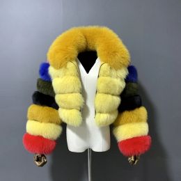 Manteau en vraie fourrure de renard multicolore pour femme, veste d'hiver multicolore, Style court, coupe cintrée, fermeture éclair, à la mode, rf1982