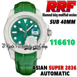 RFF Dernier ew126610 A2836 Montre automatique pour homme 40 mm lunette en diamant tw116610 cadran vert en acier inoxydable glacé diamants boîtier bracelet en cuir éternité bijoux montres