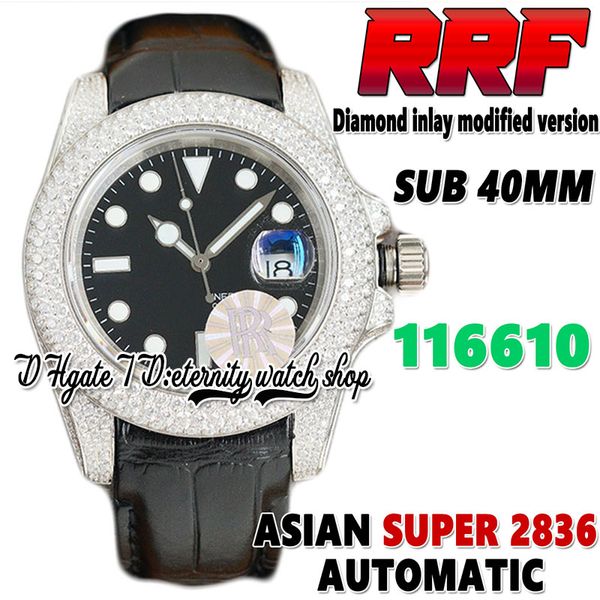 RFF Dernier jh126610 A2836 Automatique Mens Watch Diamonds Bezel tw116610 ew114060 Cadran Noir Acier Inoxydable Iced Out Diamonds Case Cuir éternité Bijoux Montres