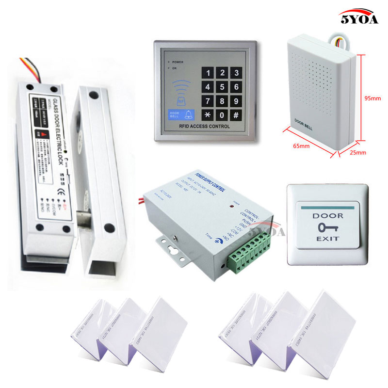 RFIDアクセス制御システムキットフレームレスガラスドアセット+電気ボルトロック+ IDカードKEYTAB +電源+出口ボタン+ドアベル
