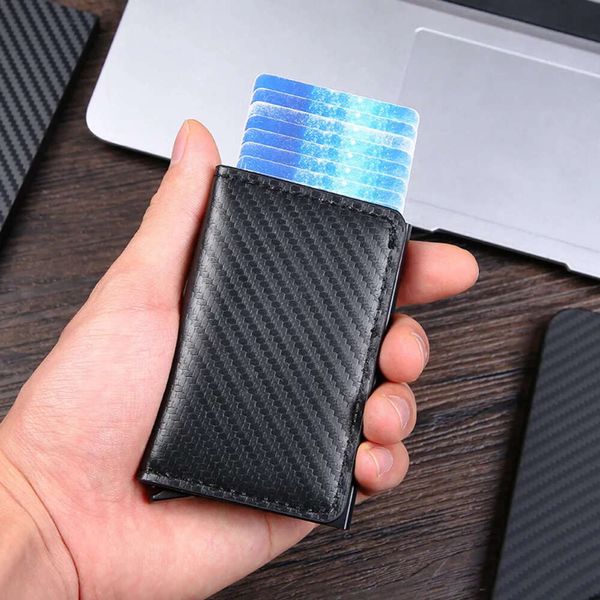 Cepillo antirrobo RFID para hombre, bolsa de tarjeta expulsada automáticamente, bolsa de tarjeta de crédito ultrafina de metal, billetera multitarjeta de fibra de carbono