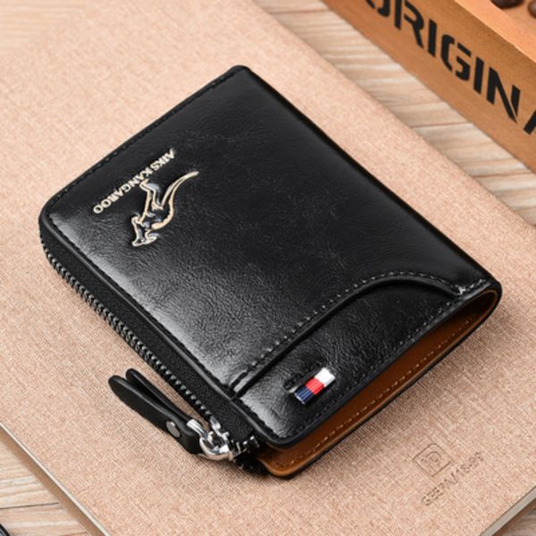 Estuche portatarjetas de crédito canguro de negocios Vintage con bloqueo RFID, cartera corta de cuero antirrobo para hombre, gran capacidad