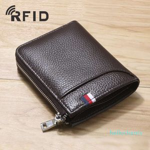 RFID protégé en cuir véritable hommes fermeture éclair portefeuilles de créateur mode masculine en cuir de vache pièce zéro carte sacs à main noir/couleur café