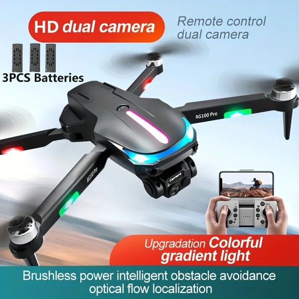 Drone RG100 Pro avec 3 batteries et double caméra, positionnement du flux optique du moteur sans balais, lampe de course, évitement automatique des obstacles, jouets quadrirotor RC