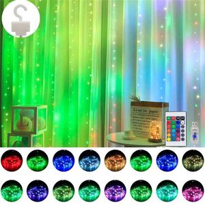 RGB 16 Kleurveranderende Gordijn Licht Afstandsbediening Kerstdecoratie voor Slaapkamer Fairy Holiday Garland Navidad Decor 211122