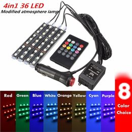 RGB 36 LED Car Charge 12V 10W Glow Interior Decorative 4in1 Atmosphere Blue Inside Foot Light Lamp Remote Music Control273U
